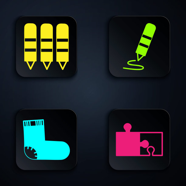 套装拼图，蜡笔画，婴儿袜子衣服和蜡笔画。黑色方形按钮。向量图片下载