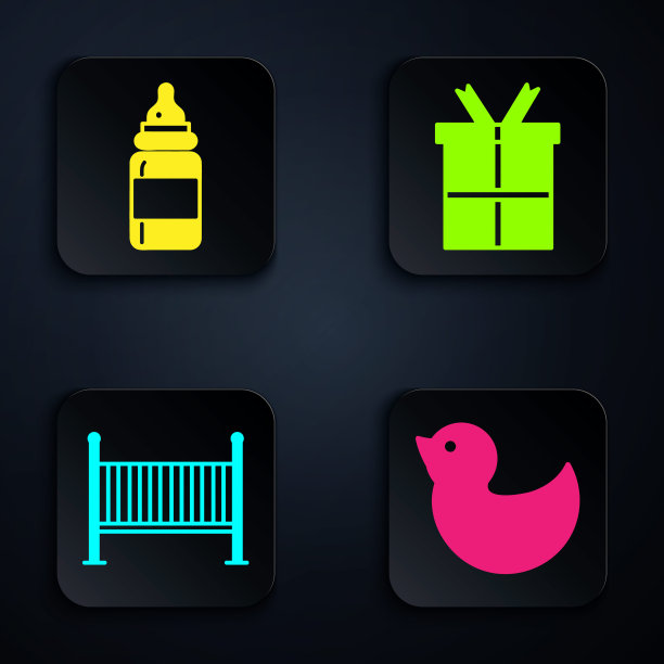 集橡皮鸭、奶瓶、婴儿床、摇篮床、礼品盒于一体。黑色方形按钮。向量图片下载