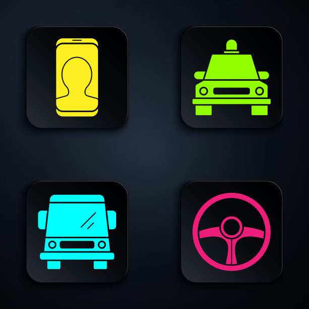设置方向盘，出租车呼叫电话服务，汽车和出租车。黑色方形按钮。向量图片下载