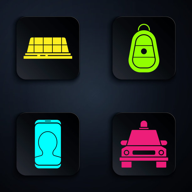 设置出租车，出租车车顶，出租车呼叫电话服务，汽车钥匙与遥控器。黑色方形按钮。向量图片下载