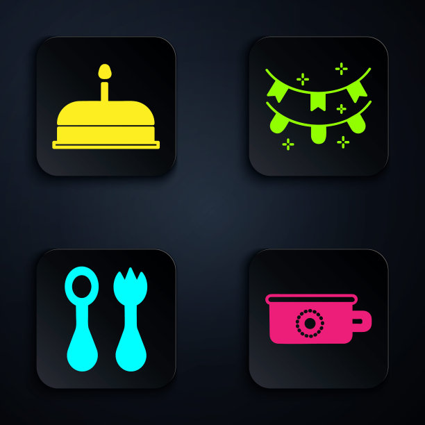 设置婴儿便盆，蛋糕与燃烧的蜡烛，婴儿餐具与叉子和勺子和嘉年华花环与旗帜。黑色方形按钮。向量图片下载