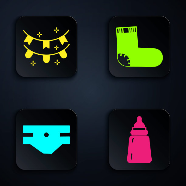 放置婴儿奶瓶，嘉年华花环与旗帜，婴儿吸水尿布和婴儿袜子衣服。黑色方形按钮。向量图片下载