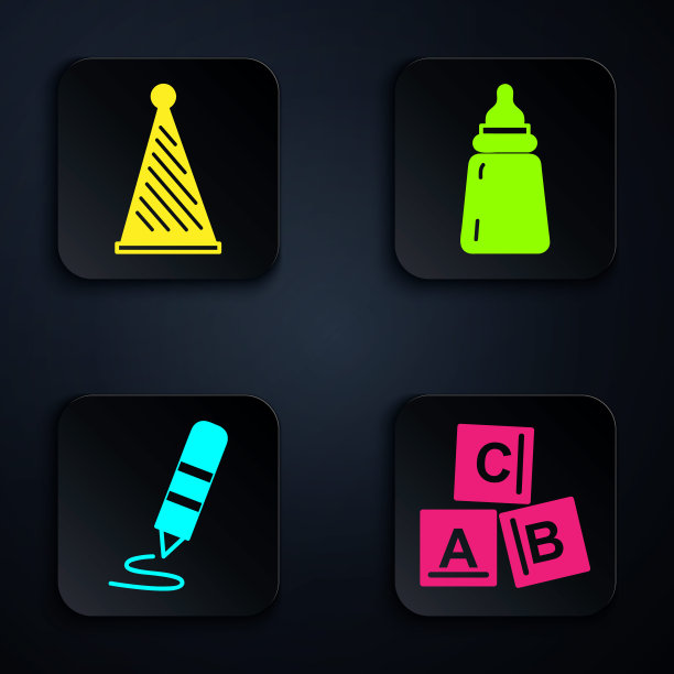 设置ABC积木，派对帽，蜡笔绘画和婴儿瓶。黑色方形按钮。向量图片下载