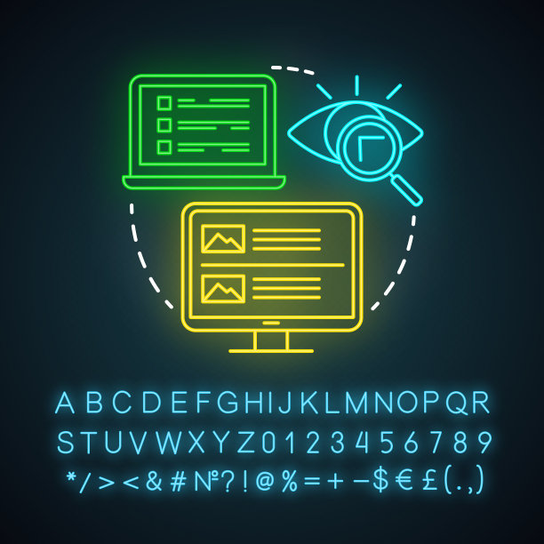 在线小册子和lookbooks霓虹灯图标。内容营销渠道。信息文件。收集照片。有字母、数字和符号的发光符号。向量孤立的插图图片下载