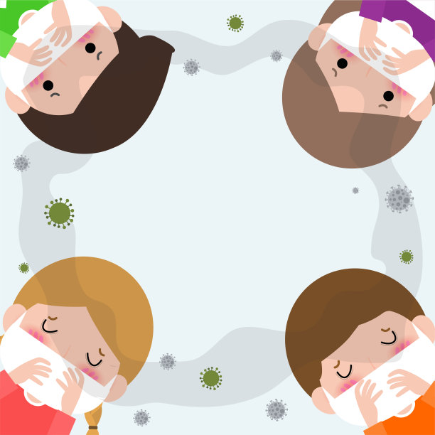 孩子们因为pm2.5而戴口罩，男孩和女孩戴口罩抵御雾霾。细尘、空气污染、工业雾霾防护概念平面风格设计矢量插图。素材图片