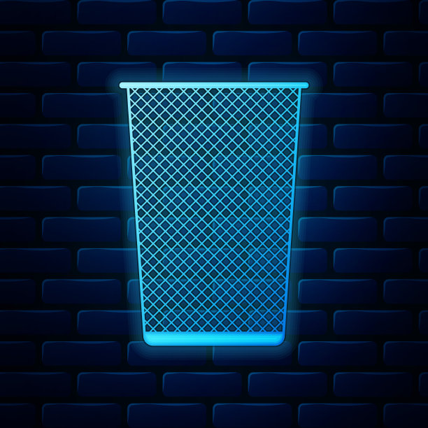 霓虹灯垃圾桶图标孤立在砖墙的背景上。垃圾桶的迹象。回收篮图标。办公室垃圾图标。矢量图图片下载