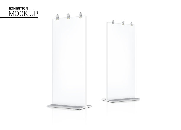 模拟真实的卷起的旗帜亭显示3D POP摊位销售营销推广与聚光灯背景插图。活动展览概念设计。图片下载