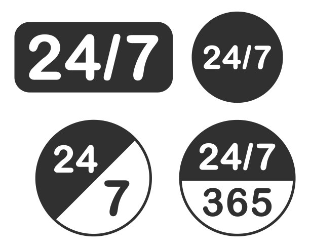 24/7全天候服务图标，全天24小时，每周7天开放。商店支持标志符号按钮。矢量素材，白色背景。图片下载