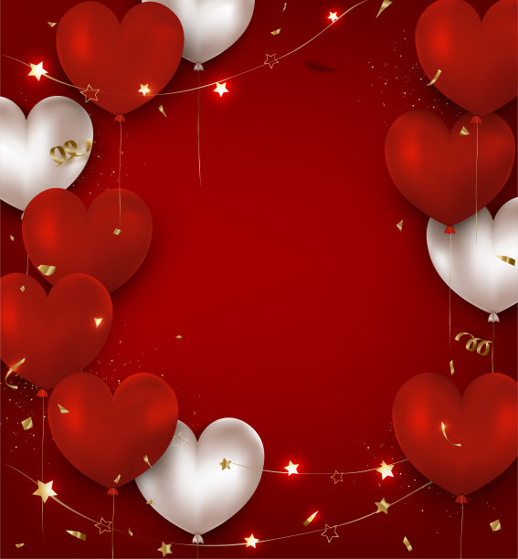 情人节快乐，促销标语。贺卡与红色3d气球，灯，五彩纸屑在红色的背景。社交网络模板，邀请，推广。矢量。素材图片