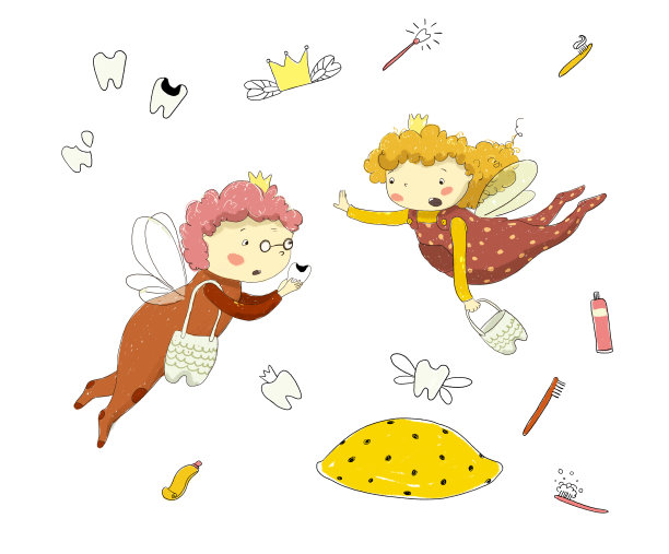 两个卡通牙仙子惊讶地发现一颗蛀坏的牙齿。插图图标的牙齿，王冠，牙刷和牙膏。轮廓图。图片下载
