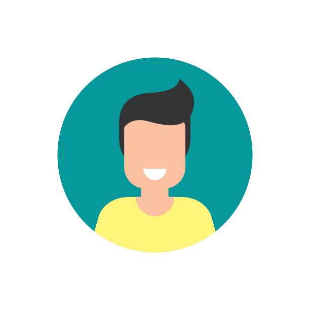 男人的微笑头像。可爱的快乐的家伙脸平图标在蓝色圈孤立在白色。图片下载