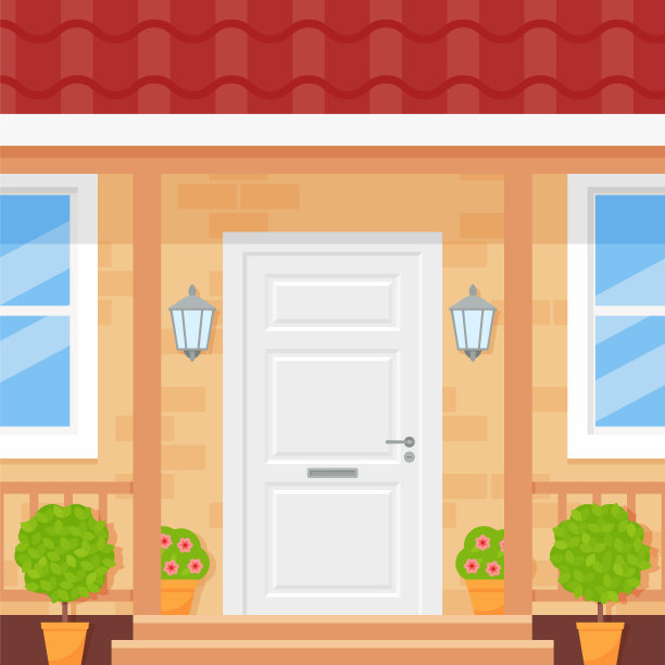 前门，门廊。矢量插图在平面设计。图片下载