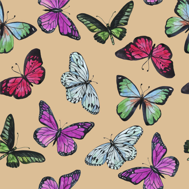 水彩画不同类型的蝴蝶在米色背景。布料，包装纸，墙纸的图案。彩色打印。无缝模式。图片下载