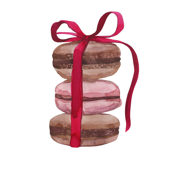 带红丝带的水彩蛋白杏仁饼干。巧克力,香草。美味的糕点,糖果。情绪,法国巴黎。法国菜。图片下载