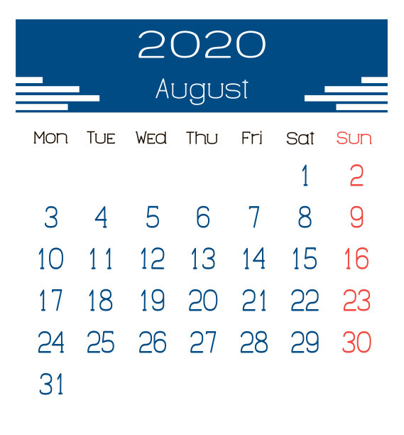 桌面日历2020设计模板。插图2020年8月日历上的英语语言矢量。素材图片
