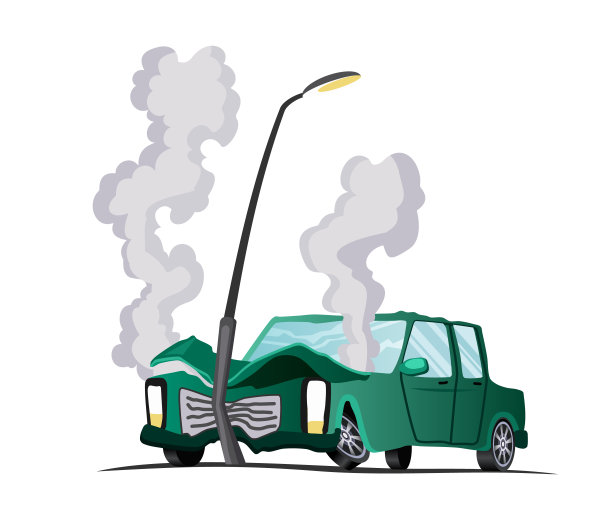 道路事故。汽车撞到灯笼。车辆碰撞、汽车损坏插图。保险案例。矢量破碎卡通汽车图片下载