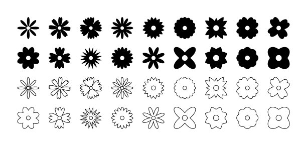 花收集，孤立在白色的背景。花向量图标在平面和线性设计。白色背景上的花排成一行。矢量图图片下载