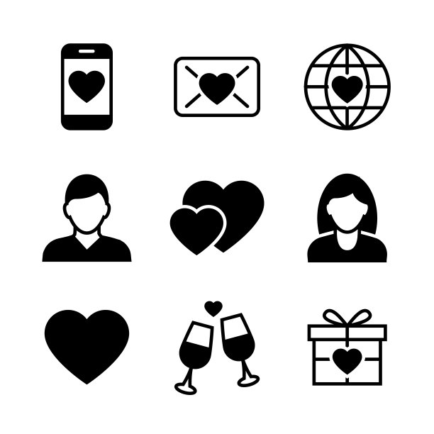 白色背景上的情人节黑色图标图片下载