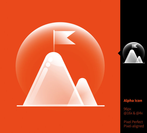 旗帜在山顶阿尔法图标-矢量插图品牌，网页设计，介绍，标志，横幅。透明渐变图标在随机背景上，像素对齐在96x96像素上。图片下载