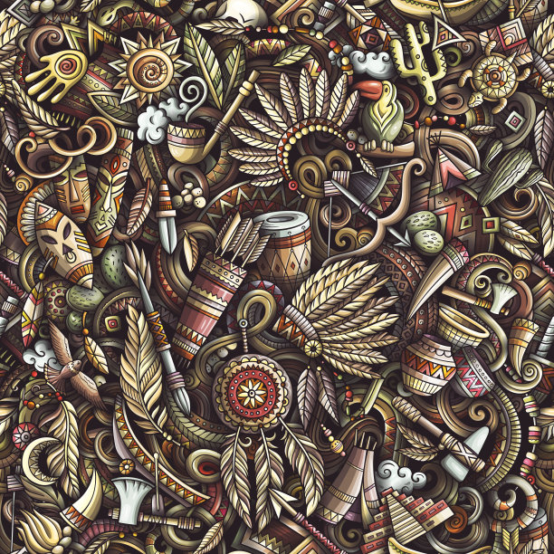 卡通可爱的涂鸦手绘印第安人无缝图案。图片下载