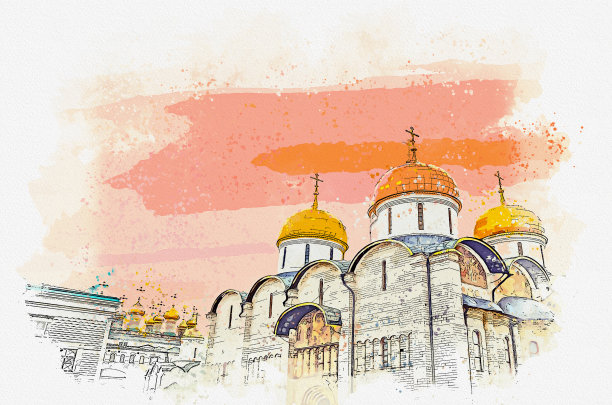 水彩画的大教堂与夜晚的天空，莫斯科俄罗斯。图片下载