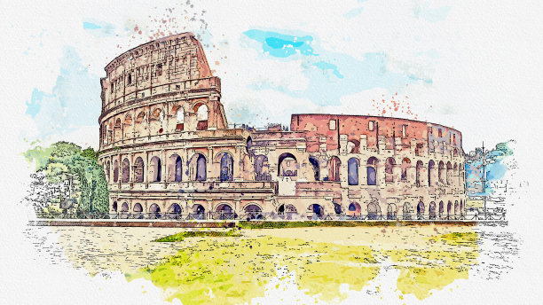 罗马斗兽场水彩画。图片下载