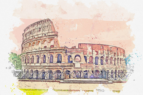 罗马斗兽场水彩画。图片下载