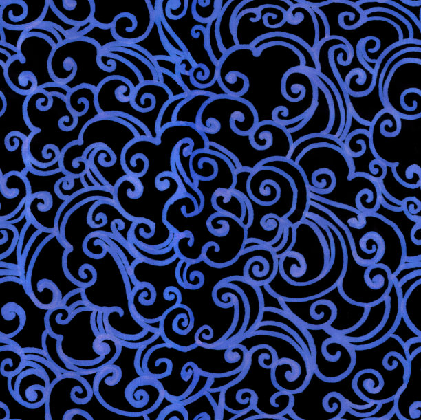 图案有云、曲线、卷。黑色背景上的传统东方装饰。抽象的几何无缝图案。纺织品、壁纸、背景。蓝色记号笔。图片下载
