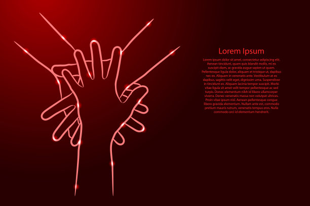 团队合作，合作理念。手把不同的人从轮廓红色笔刷线不同的粗细和发光的星星在黑暗的背景。团结、和睦、伙伴关系。图片下载