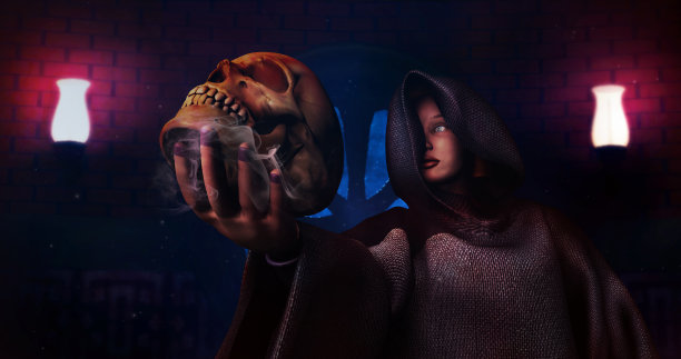 女巫手持骷髅，在有烟雾效果的暗室里施展黑魔法，3d渲染图片。图片下载