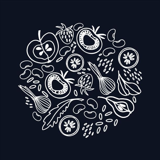 圆形装饰与水果，蔬菜，豆类，绿色。黑白插图。健康的食物，素食主义的概念图片下载