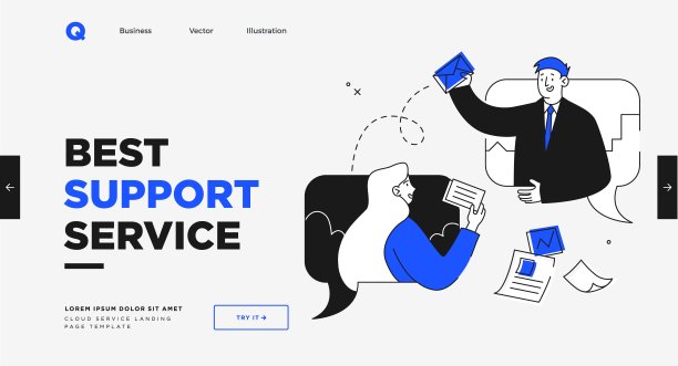 演示幻灯片模板或登陆页面网站设计。业务概念插图。现代平面轮廓风格。支持服务图片下载
