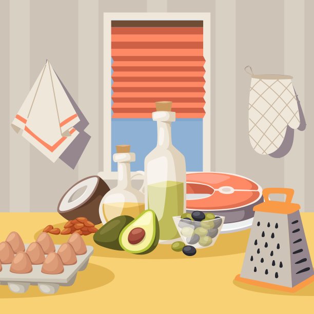 厨房桌上的烹饪配料，矢量插图。产品为健康膳食、有机食品配方。厨房设置，家庭烹饪。三文鱼，鳄梨，鸡蛋，椰子和橄榄油图片下载