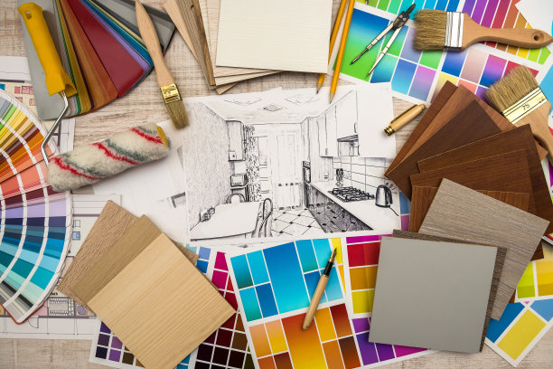 一个房间的现代铅笔素描。室内设计项目概念图片下载