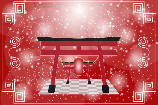 中国门，红色背景，雪花飘落，灯光效果。图片下载