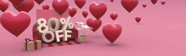 80百分之八十的折扣-情人节销售水平的3d横幅与拷贝空间。图片下载
