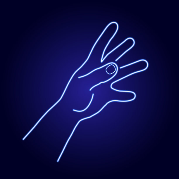 手尝试从发光的蓝色霓虹发光线在经典的蓝色黑暗背景。矢量插图。图片下载