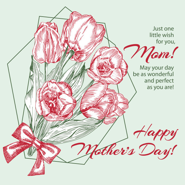 贺卡与春天鲜花束郁金香在灰色的背景红色和绿色。线条雕刻绘画复古风格。逼真的植物自然花卉素描图案图片下载