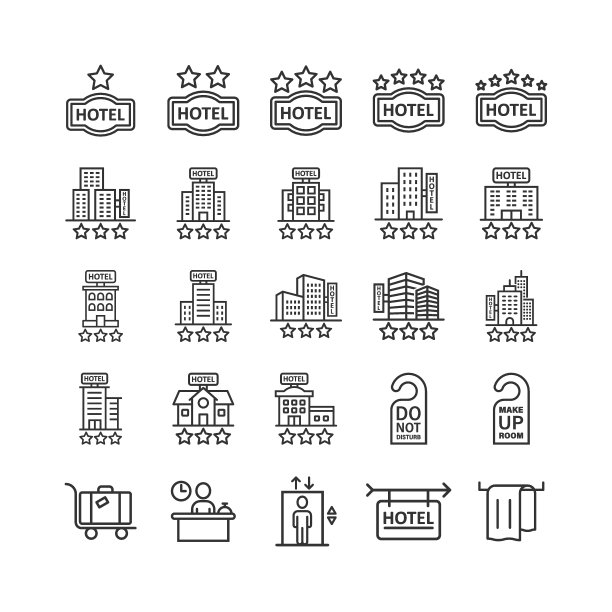 酒店图标设置在平面风格。预订矢量插图在白色孤立的背景。度假预订的经营理念。图片下载