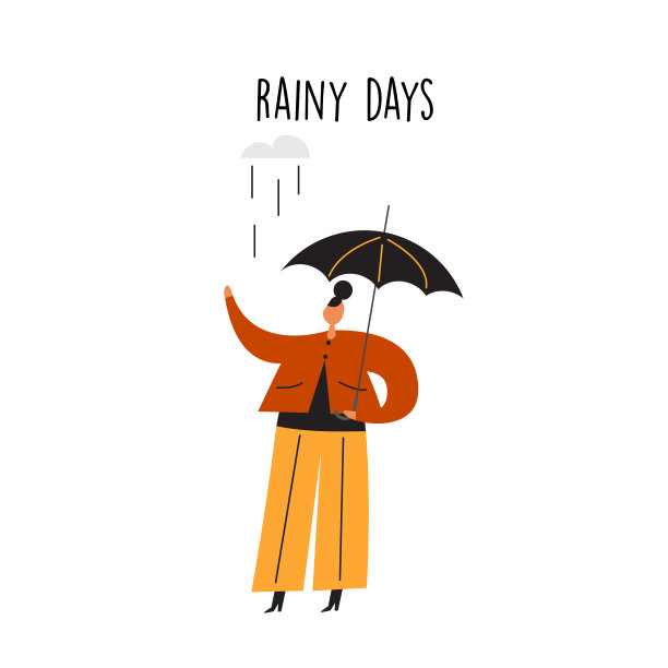 平面矢量插图的女人与她的雨伞在雨下站。图片下载