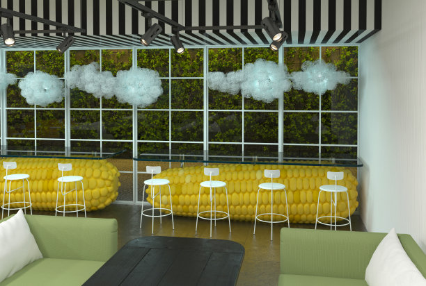 餐厅、咖啡馆或美食广场的内部大厅用巨大的玉米芯代替了桌子。现代创意意想不到的室内设计。3 d渲染。图片下载