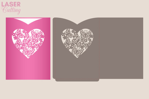 激光切口袋信封与牡丹花和叶图案的心。切割的模板。婚礼邀请或情人节贺卡模型与花边心。图片下载