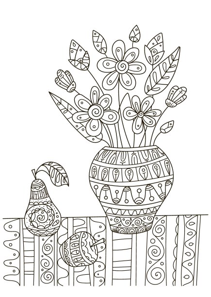 儿童和成人的手绘着色书。一个美丽的图案与小细节的创意。抗压力装饰静物与鲜花和水果。一组彩页，花和仙人掌。图片下载