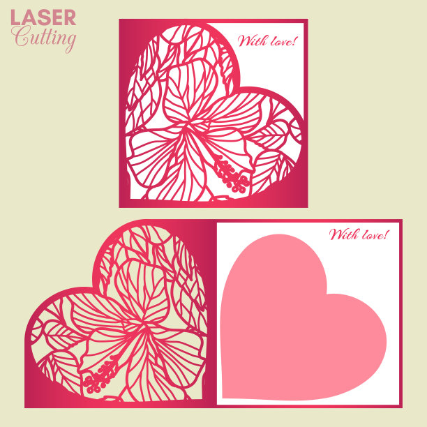 激光切割折叠卡片模板与心形图案的木槿花和叶子。热带图案模板的小册子，婚礼请柬或情人节贺卡。图片下载