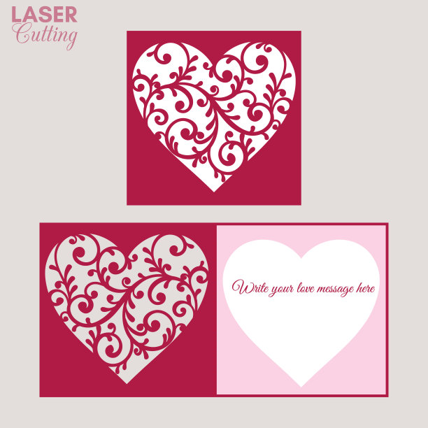 激光切割模板折叠卡片与心形的小册子，婚礼请柬或情人节贺卡。图片下载