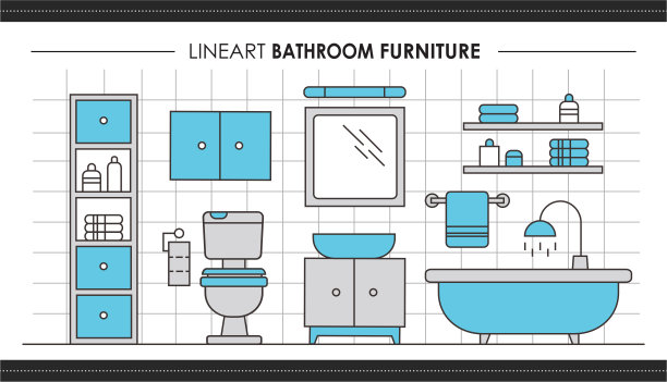 室内横幅设置。卫生间平面图及家具布置。大纲插图的房子内部矢量横幅设置为网页设计图片下载