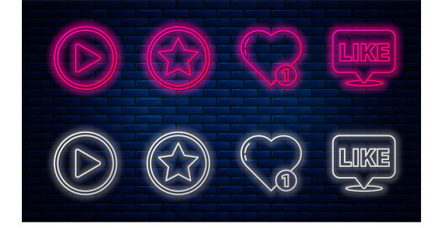 Set line Star, Like and heart, Play in circle and Like in speech bubble。砖墙上发光的霓虹灯图标。向量图片下载