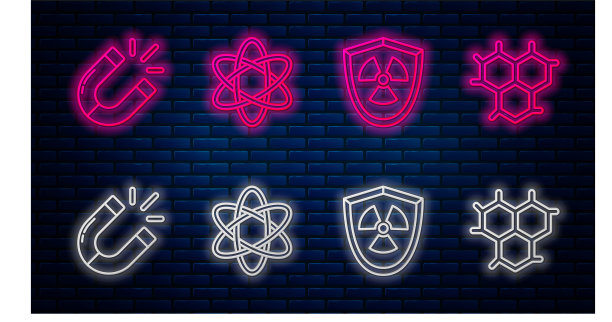 设定原子，辐射屏蔽，磁铁和化学公式。砖墙上发光的霓虹灯图标。向量图片下载