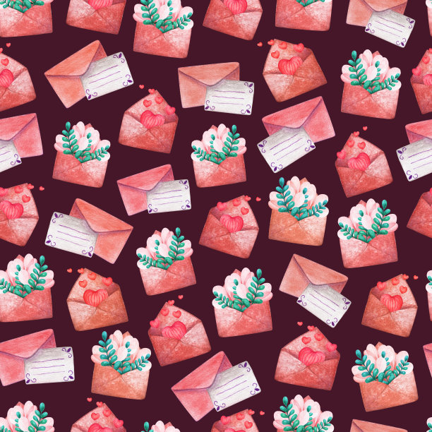 手绘无缝水彩信封图案，心，花，叶，传单。情人节或妇女节贺卡、请柬、墙纸、包装纸的浪漫插图设计图片下载
