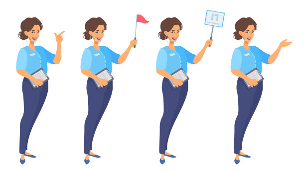 导游用她的手掌，食指展示了一些东西，举着一个公告牌，红旗，剪贴板。素材图片